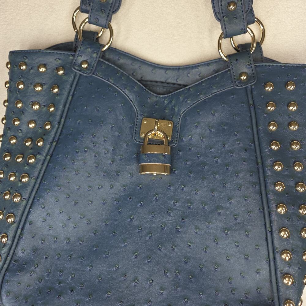 Vtg Expressions NYC Bag Purse Womens Blue Faux Ostrich Tote Hobo 2000s y2k - Picture 9 of 14